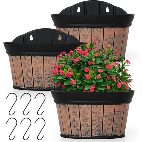 Lot de 3 pots de fleurs à suspendre au mur - En chêne vieilli - En plastique épais - Stockage d'eau - Pour plantes, fleurs, intérieur, garde-corps extérieur ou décoration de clôture (marron)