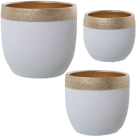 Lot de 3 Pots de Fleurs Blanc/Doré °20X19+°26X24+°30X29 Cm