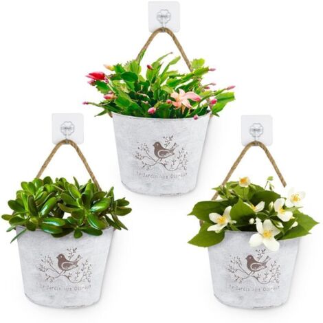 Lot de 3 pots de fleurs muraux en métal, avec corde pour la suspension, convenant à la décoration de balcon et d'intérieur.
