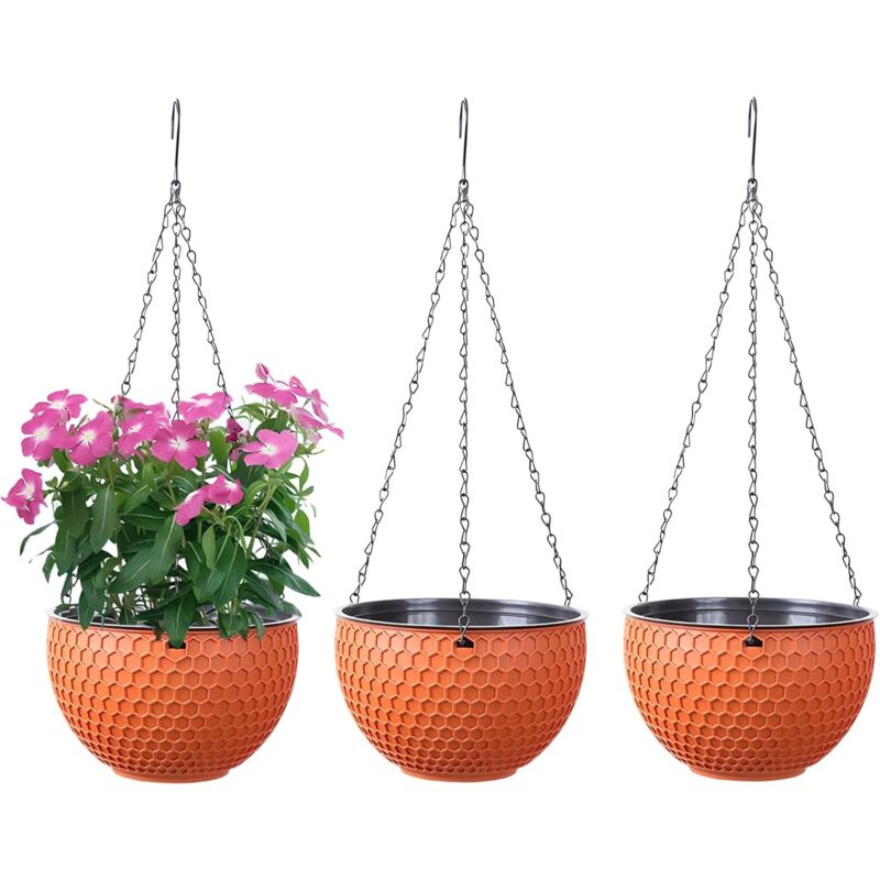 Lot de 3 pots de fleurs suspendus, auto-arrosage, avec réservoir d'eau et trou de drainage, nid d'abeille, avec chaînes inoxydables, pour l'intérieur