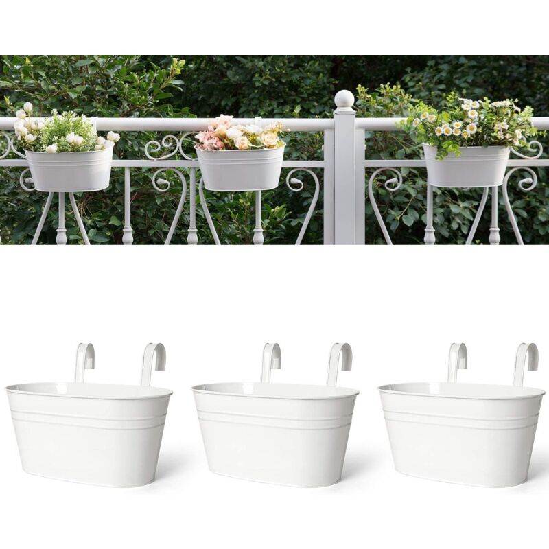 Lot de 3 Pots de Fleurs Suspendus en Fer pour Clôture, Décoration de Maison avec Crochets Détachables, Blanc