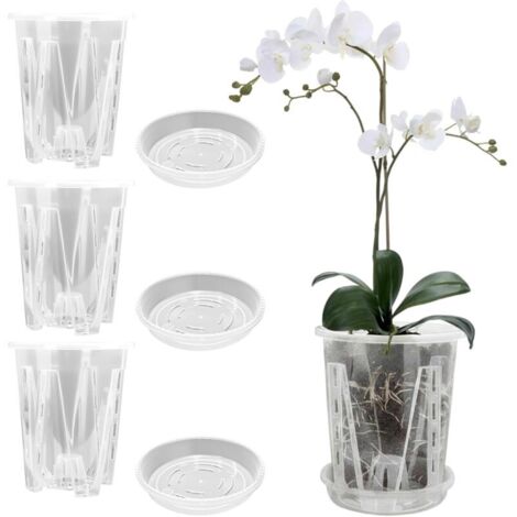 Lot de 3 pots en plastique transparent pour orchidées, avec trous de drainage et conception aérée – Convient aux plantes d’intérieur et d’extérieur (14 cm + soucoupe)