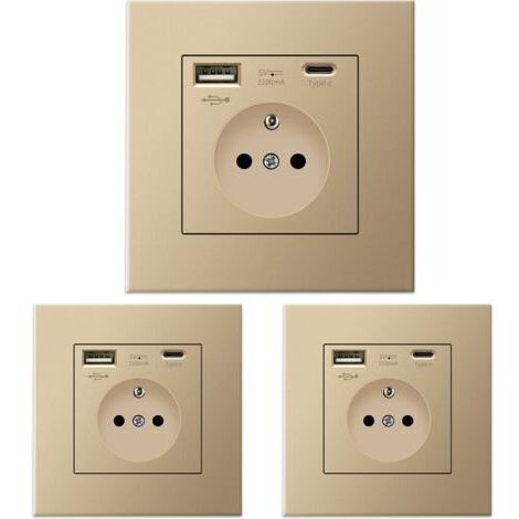 Lot de 3 prises murales avec USB et Type-C, 5 V 2,1 A, prise USB encastrée standard UE, multiprise France, 110-250 V (Doré)
