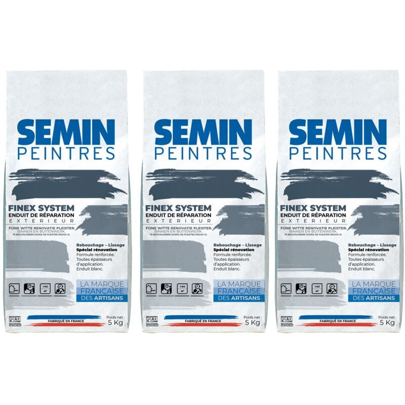 Lot de 3 reboucheurs extérieur Semin enduit de réparation, rebouchage, réparation et lissage - très forte adhérence - sac de 5 kg