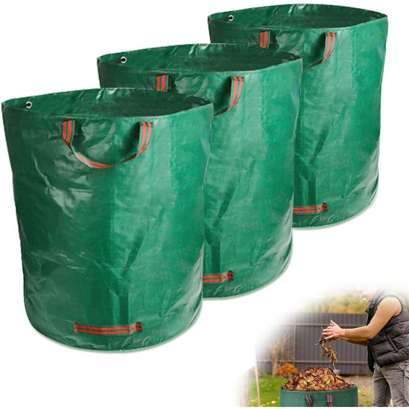 Lot de 3 sacs à déchets de jardin, sacs à ordures verts, grands sacs avec poignées, imperméables, pliables, réutilisables, sacs à déchets de jardin,