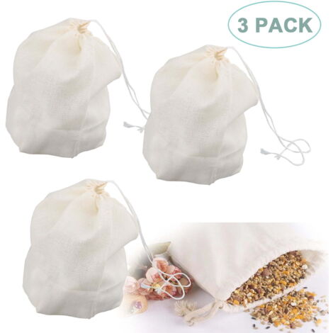 Lot de 3 sacs à lait végétal, sacs en étamine 100 % naturelle, 20 x 25 cm, sacs en coton pour fromage, thé, yaourt, jus, vin, soupe, herbes, passoire à lait d'amande durable, lavable et réutilisable