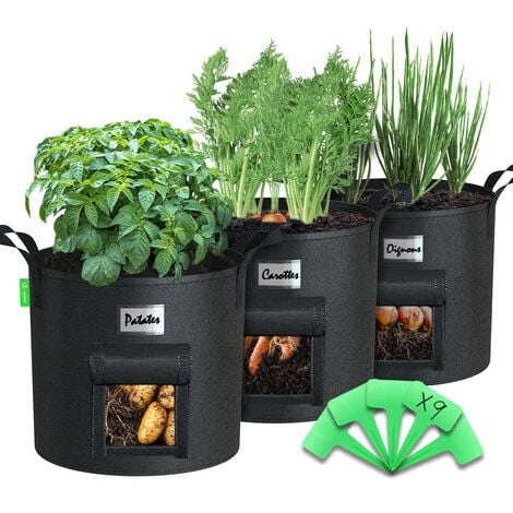 Lot de 3 sacs de plantation non tisse avec fenetre et poignee 43L Noir