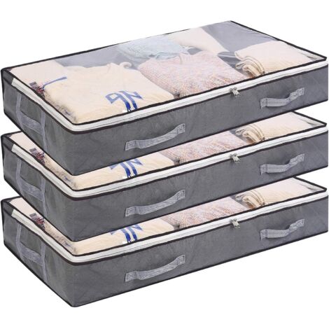 Lot de 3 sacs de rangement à glisser sous le lit, avec fenêtre transparente, poignée renforcée et fermeture éclair, en tissu non tissé.