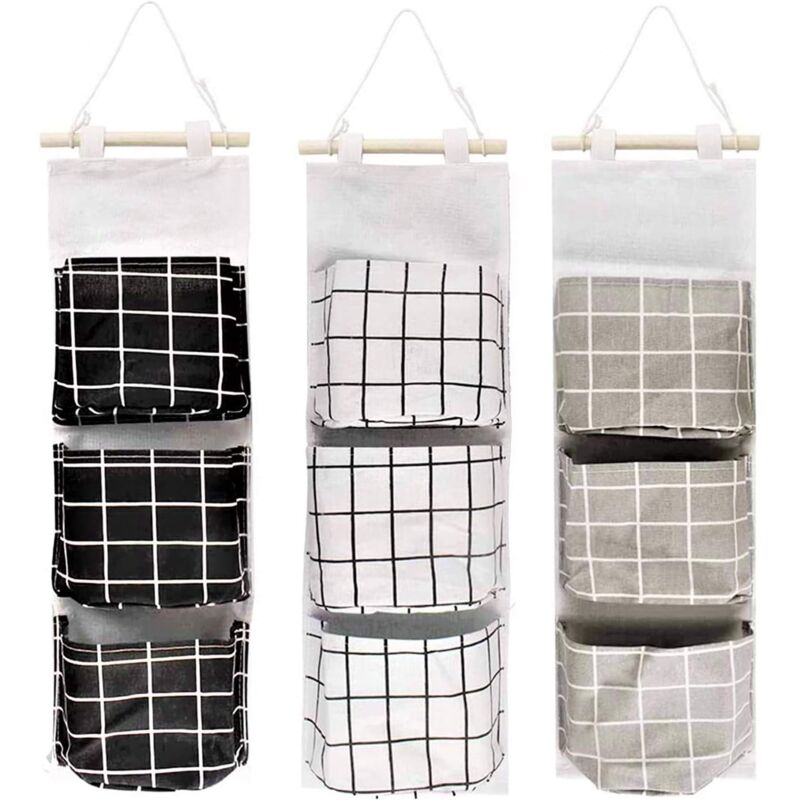 Lot de 3 sacs de rangement muraux, sac suspendu empilable à 3 couches - Organiseur de poche large à suspendre en tissu de lin imperméable pour