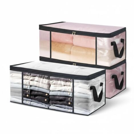 Lot de 3 sacs de rangement transparents 35L, pliables avec zip et poignées, pour lit, armoire et couette