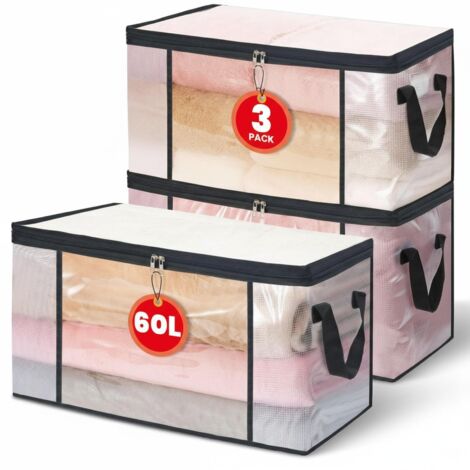Lot de 3 sacs de rangement transparents 60L, pliables avec zip et poignées, pour lit, armoire et couette