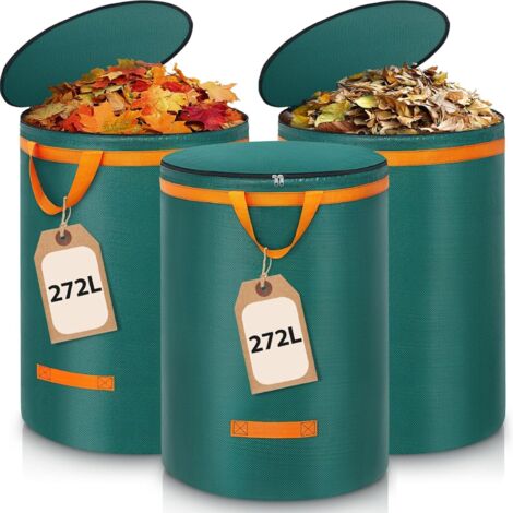 Lot de 3 sacs poubelle de jardin robustes et durables de 272 litres, avec couvercles et poignées. Grande capacité, rangement individuel, idéal pour les déchets verts.