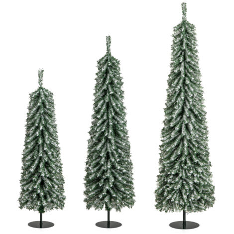 Lot de 3 Sapins de Noël Artificiels de 120+150+180 cm, en Forme de Crayon, Fausse Neige, 216+302+505 Branches, 100+120+180 Lumières LED, pour Maison