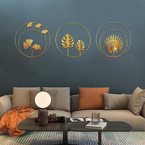 lot de 3 Sculptures Murales en Fer Métal Feuilles- Feuilles de ginkgo dorées - Feuilles de palmier - Décoration murale ronde - Décoration pour maison, bureau, salon, hôtel (Tour)