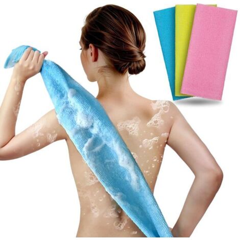 Lot de 3 serviettes exfoliantes pour le corps et le visage - Douche et bain - Taille 90 cm - Antidérapantes (rose, jaune, bleu)