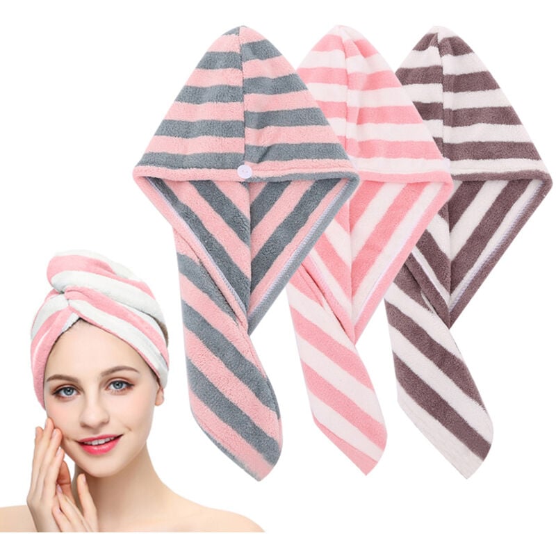 Fei Yu - Lot de 3 serviettes pour cheveux avec bouton, serviette super absorbante pour cheveux