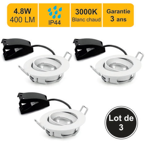 LUTECE-ARC Lot de 3 spots LED encastrable IP44 orientable 30°- salle de bain - 4,8W 400 LM 3000K - garantie 3 ans