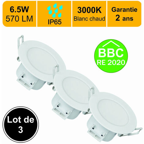 Lot de 3 spots LED encastrable IP65 - spécial salle de bain - 6.5W 500 LM 3000K - garantie 2 ans