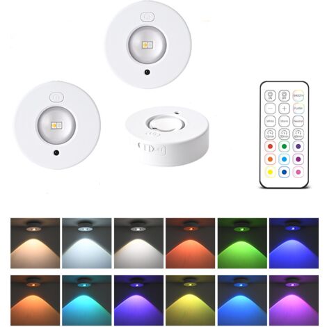 Lot de 3 spots LED RGB à intensité variable avec télécommande, à encastrer magnétiques et fonctionnant sur piles, pour éclairage sous meuble de cuisine