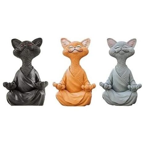 Lot de 3 statues de chat méditant – Bouddha heureux en forme de chat – Statue de chat zen pour la méditation ou le yoga