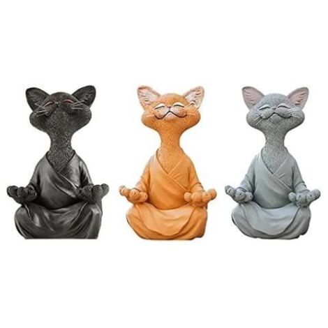 Lot de 3 statues de chat méditant – Bouddha heureux en forme de chat – Statue de chat zen pour la méditation ou le yoga