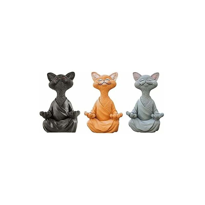 Tigrezy - Lot de 3 statues de chat méditant – Bouddha heureux en forme de chat – Statue de chat zen pour la méditation ou le yoga – Sculpture
