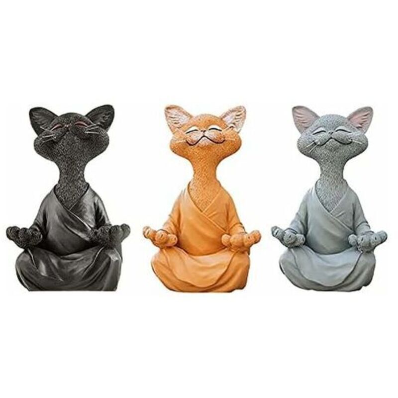 Lot de 3 statues de chat méditant – Bouddha heureux en forme de chat – Statue de chat zen pour la méditation ou le yoga – Sculpture détendue pour la