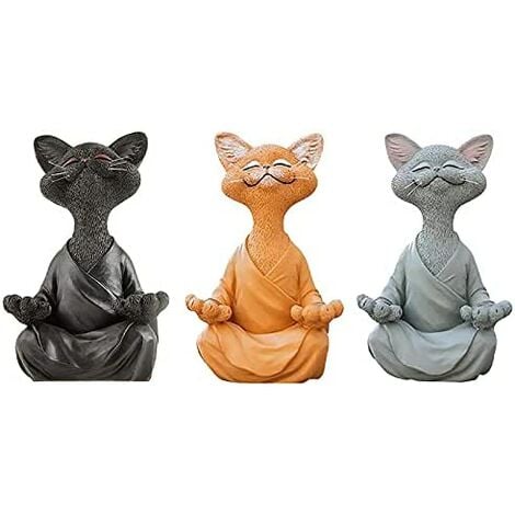 Lot de 3 statues de chat méditant – Bouddha heureux en forme de chat – Statue de chat zen pour la méditation ou le yoga – Sculpture détendue pour la maison ou l'extérieur，Superma