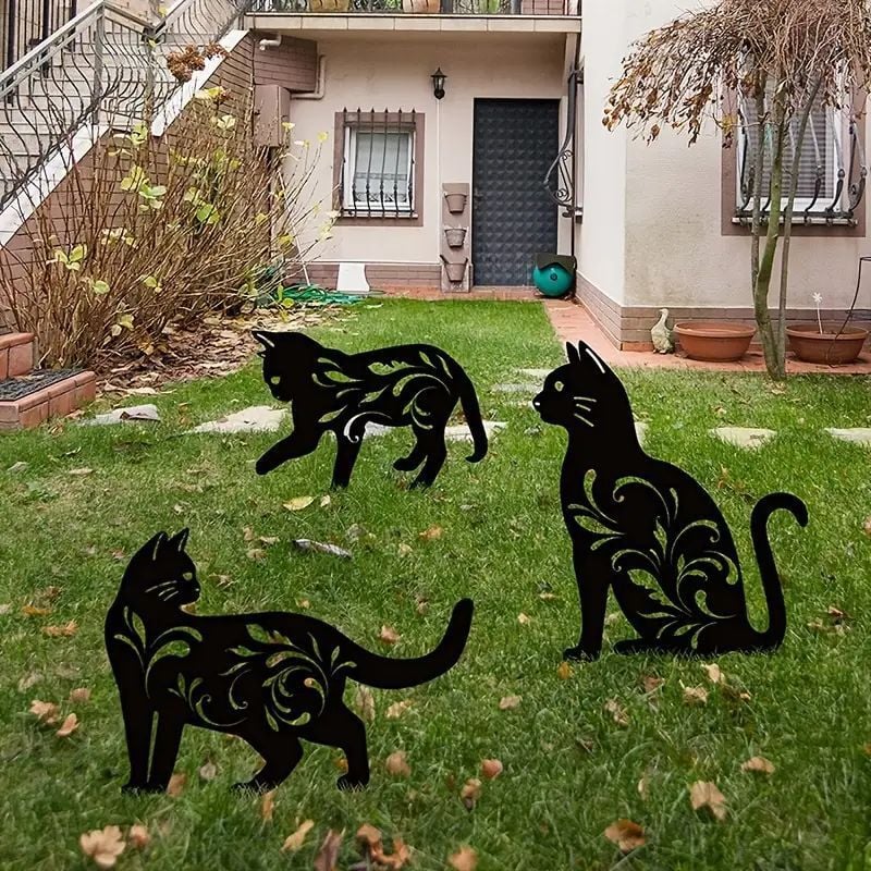 Bluedeer - Lot de 3 Statues de Jardin en métal avec Silhouette de Chat Noir, piquets décoratifs de Jardin, Statues d'animaux pour décoration de Cour