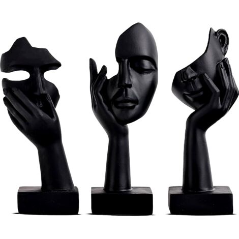 Lot de 3 statues noires décoratives pour la maison – Visage de femme – Décoration de bureau noire