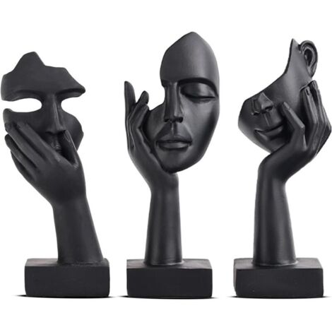 Lot de 3 Statues Noires pour décoration d'intérieur - Visage de Femme - Statue de Collection pour la Maison Moderne