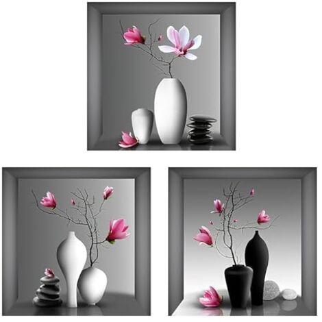 Lot de 3 stickers muraux 3D pour salon - Fleurs 3D - Vase - 30 x 30 cm - 3D - Vase - Pour chambre à coucher, salon, chambre d'enfant