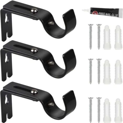 Lot de 3 supports de tringle à rideaux réglables en métal - Diamètre : 20 à 25 mm - Longueur réglable : 3 cm - Tringle à rideaux auto-adhésive et perçage - Pour la maison et le bureau - Noir