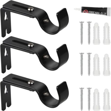 Lot de 3 supports de tringle à rideaux réglables en métal - Diamètre : 20 à 25 mm - Longueur réglable : 3 cm - Tringle à rideaux auto-adhésive et perçage - Pour la maison et le bureau - Noir