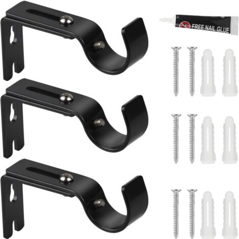 Lot de 3 supports de tringle à rideaux réglables en métal noir, diamètre 20–25 mm, ajustable 3 cm
