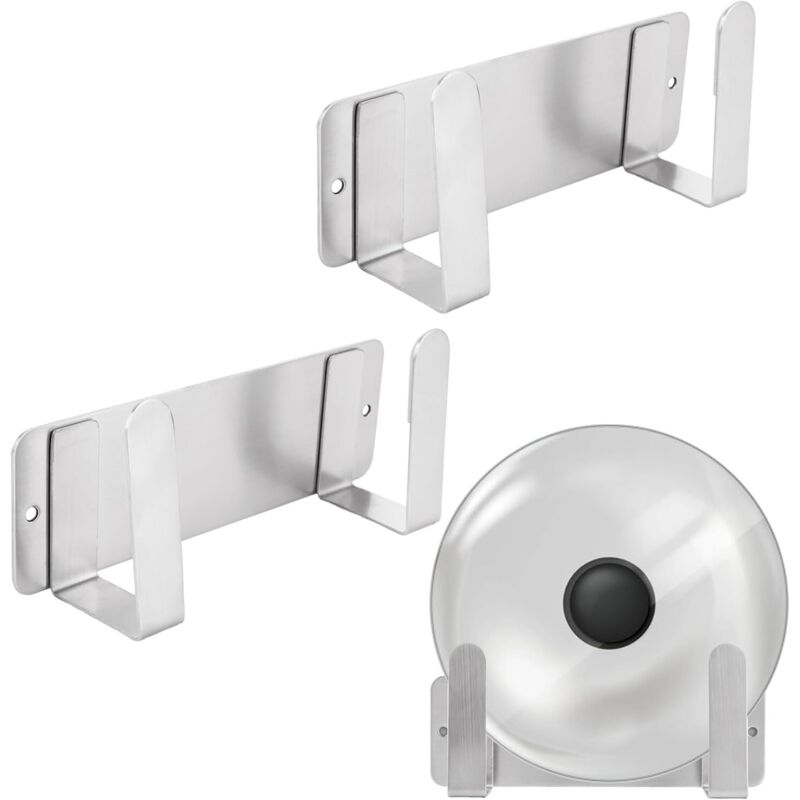 Lot de 3 supports muraux pour couvercles de casseroles, pour porte d'armoire, autocollant, gain de place, rangement mural, argent