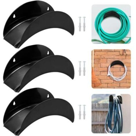 Lot de 3 supports muraux pour tuyau d'arrosage, 28 x 13 x 13 cm, crochet de suspension en métal, avec 6 vis et 6 boulons d'expansion, pour suspension de tuyau (noir)