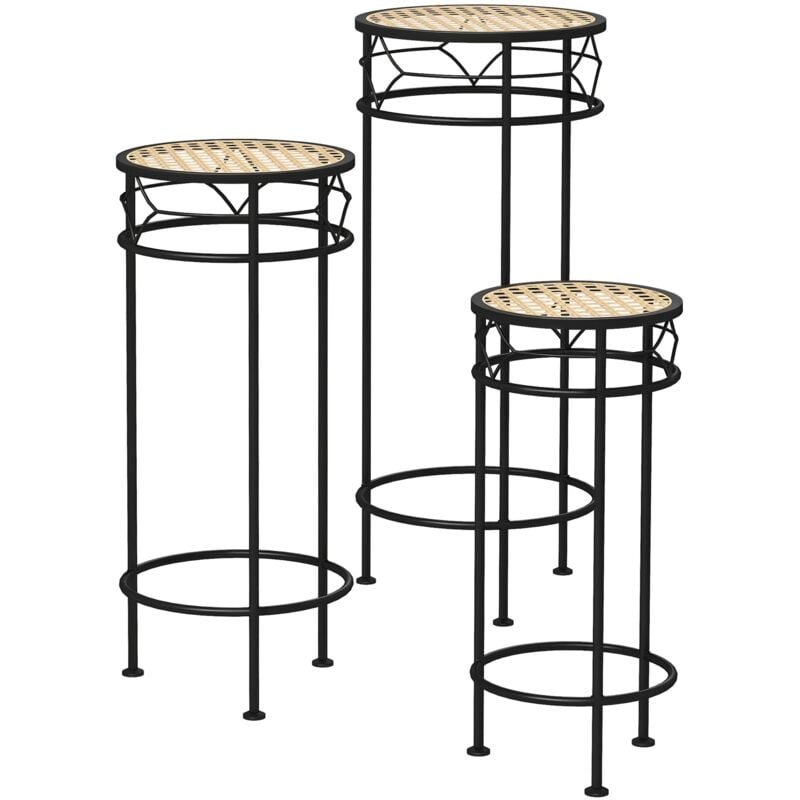 Lot de 3 supports pot de fleurs plateaux aspect rotin métal doré noir