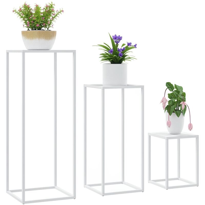 Lot de 3 supports pour plantes fleurs empilables - usage intérieur extérieur - métal époxy blanc