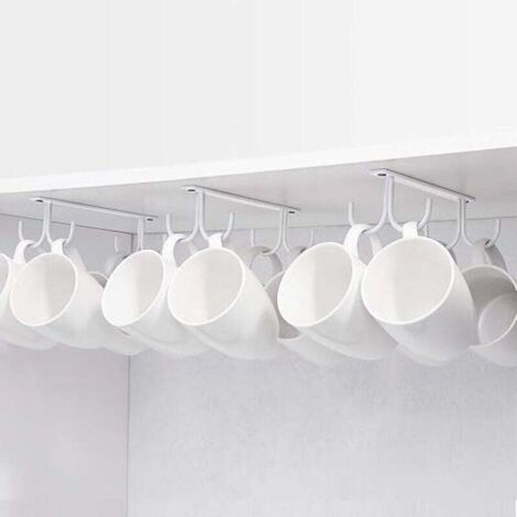 Lot de 3 Supports pour Tasses，Café Blanc，Porte-Tasses Suspendu sous Placard, Crochets de Rangement en Métal sous Armoire, Étagère, Cabinet, avec 4 Vis, , Mugs, Verres à Bière, Ustensiles pour Cuisine