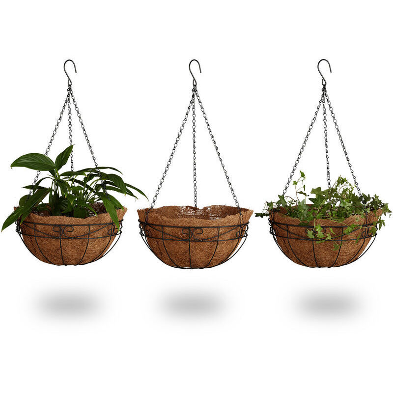 Lot de 3 suspension pour plantes, coco, 33 litres, avec chaîne, pot de 35 cm de diamètre, marron