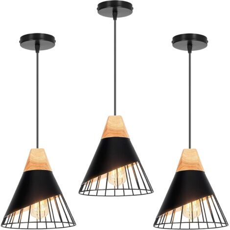 Lot de 3 Suspensions Industrielles - Bois et Métal - Design Cage Vintage - Douille E27 - Pour Cuisine Salon Chambre - Ø25cm