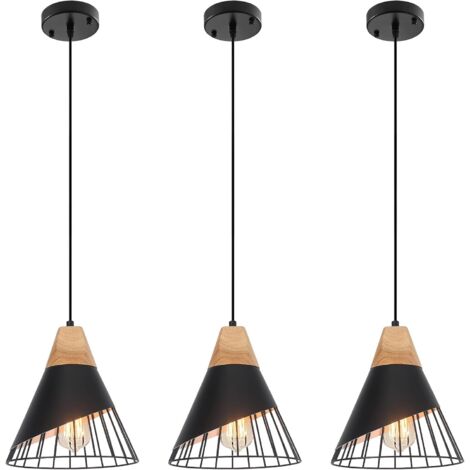 Lot de 3 Suspensions Luminaire Industrielle Bois et Métal Ø25 cm – Lustres Cage E27, Pour Cuisine et Salon
