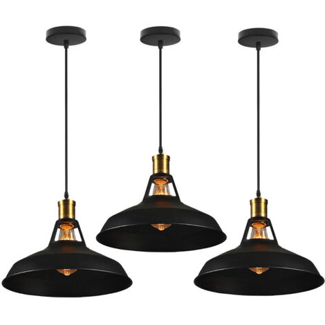 Lot de 3 suspensions rétro E27 de 27 cm, style industriel, idéales pour le salon, le couloir ou la cuisine, couleur noire.