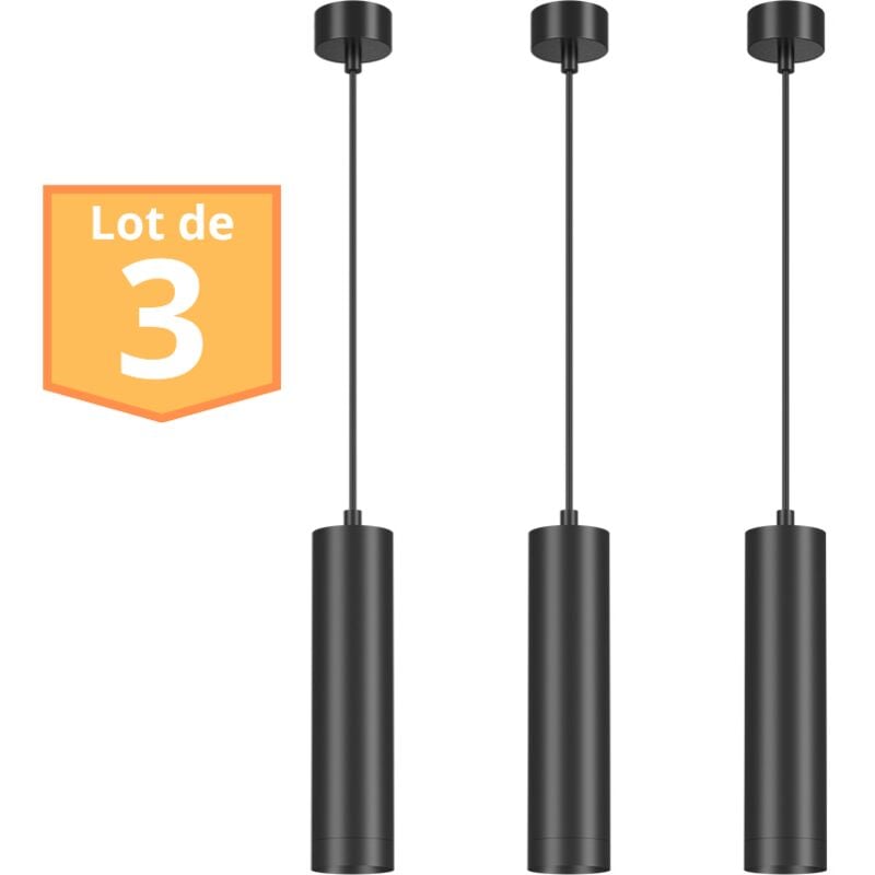 Braytron - Lot de 3 suspensions tube beta noir GU10 câble 1.45m