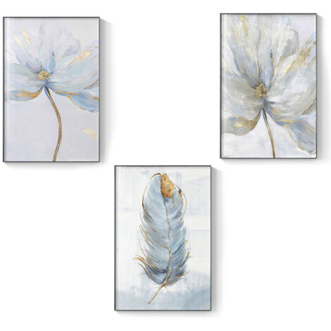 Lot de 3 tableaux fleurs scandinaves – Toile lin 30x40 cm – Impression moderne sans cadre pour salon – Décoration artistique