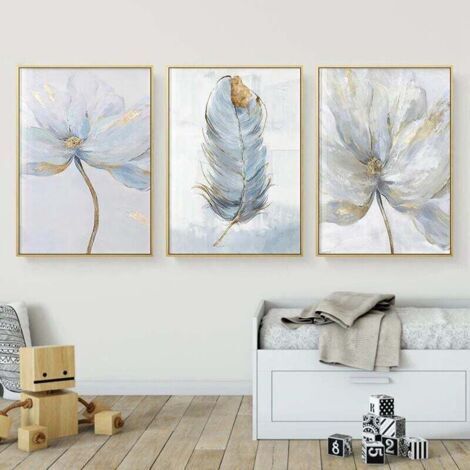 Lot de 3 tableaux scandinaves motif fleurs 30x40 cm – Toile lin sans cadre – Décoration élégante pour salon et chambre