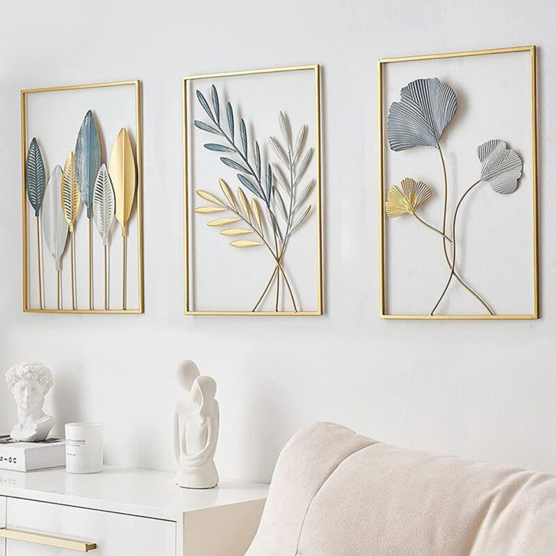 Lot de 3 Tableaux Suspension Murale Feuillage Cadre en Métal Doré Moderne