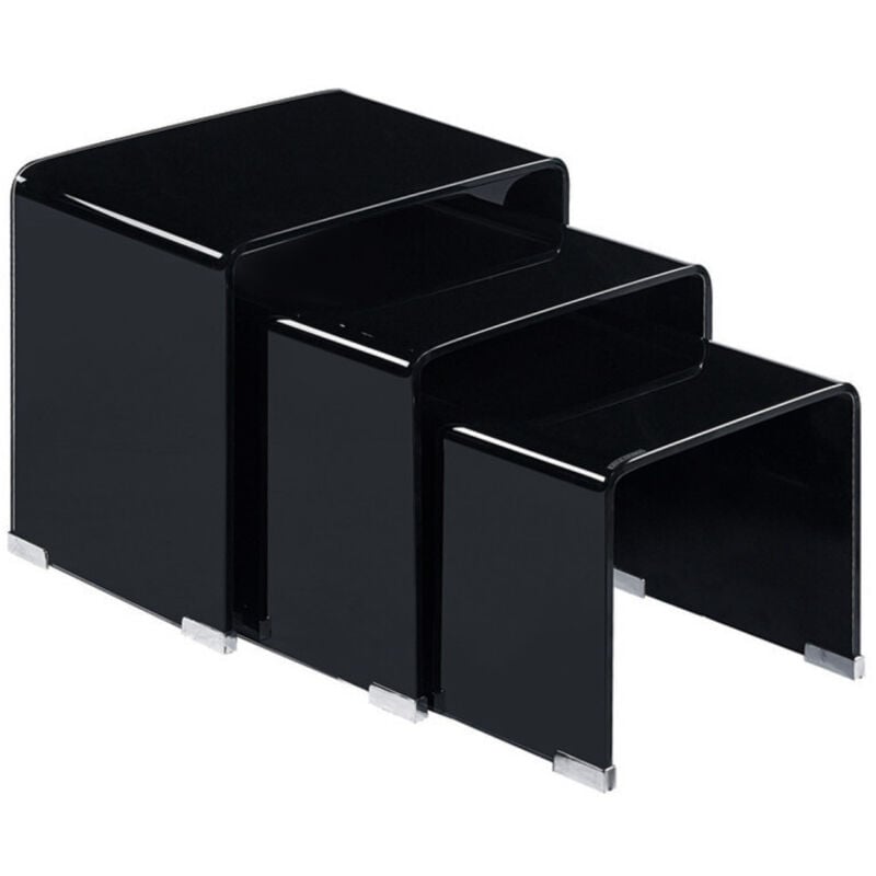 Meubletmoi - Lot de 3 tables basses gigogne en verre trempé noir - ice