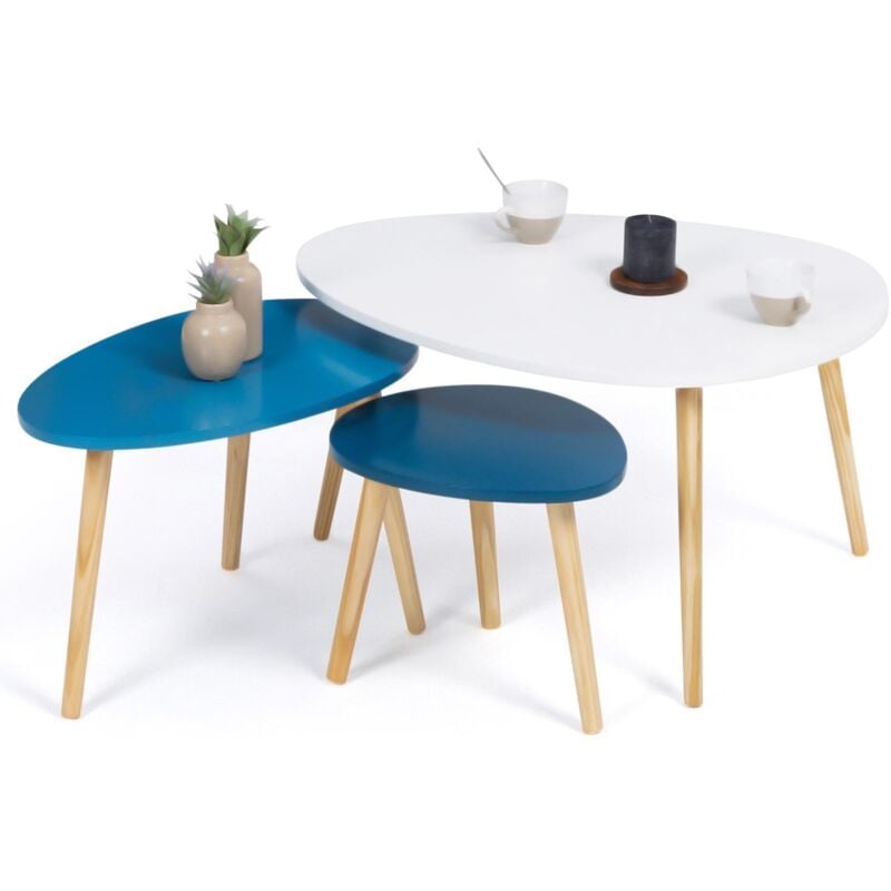 Idmarket - Lot de 3 tables basses gigognes gaia laquées blanc bleu scandinave